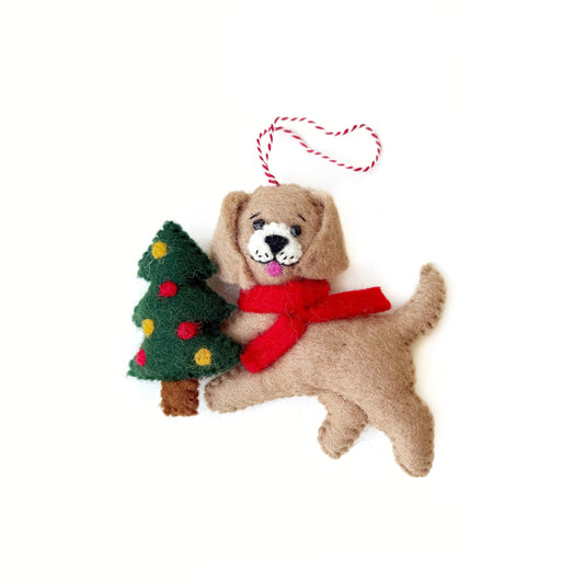 Dog with Tree Felt Wool Christmas Ornament
