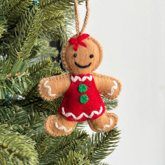 Gingerbread Woman Embroidered Wool Christmas Ornament