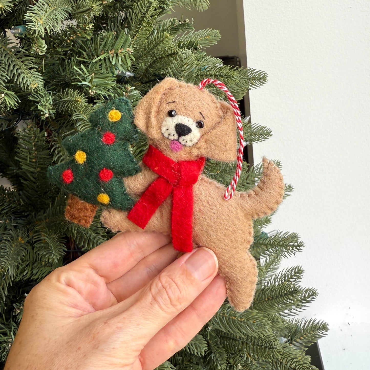 Dog with Tree Felt Wool Christmas Ornament 