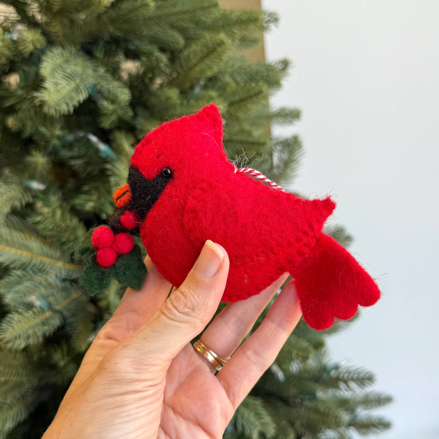 Large Cardinal with Holly Felt Wool Christmas Ornament