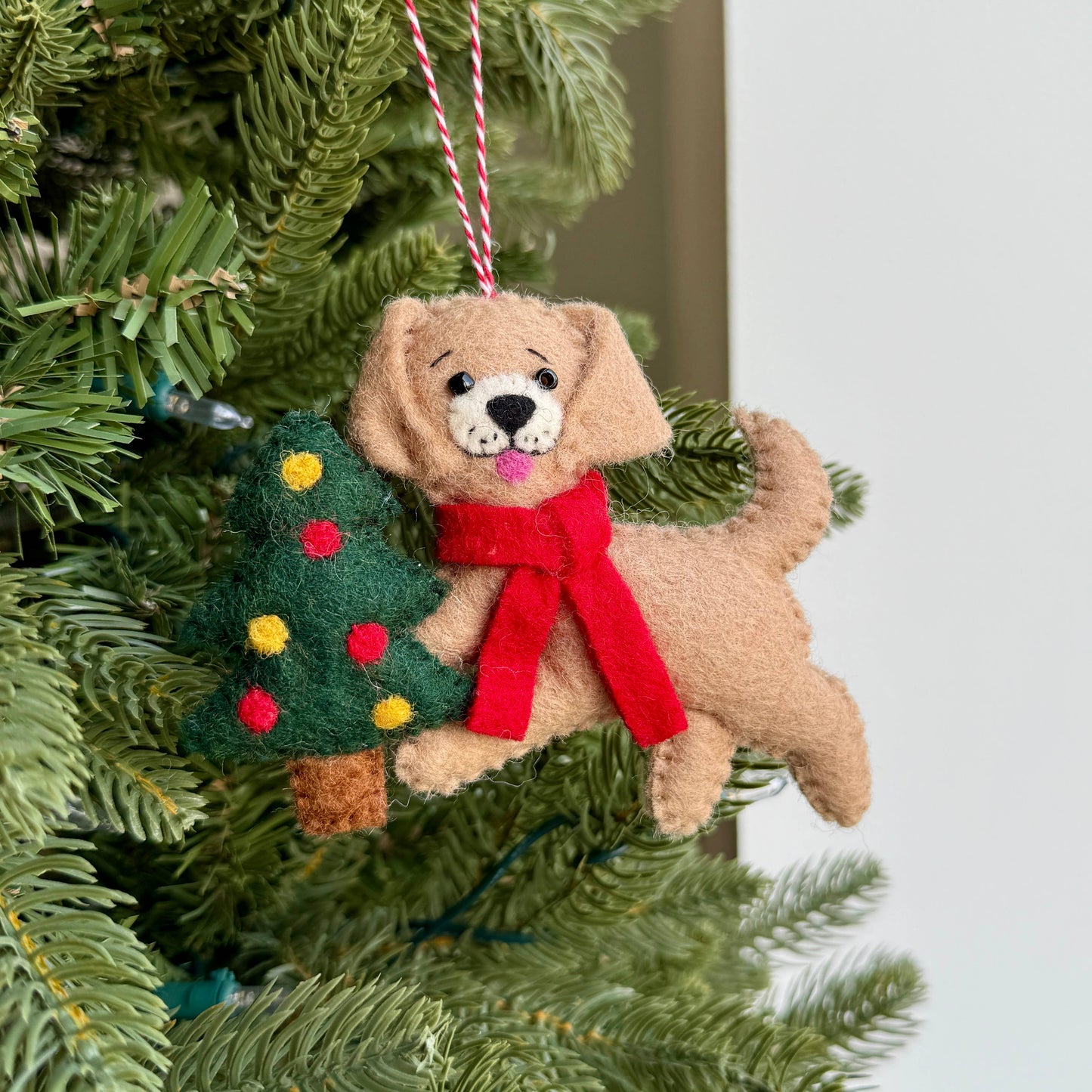 Dog with Tree Felt Wool Christmas Ornament 