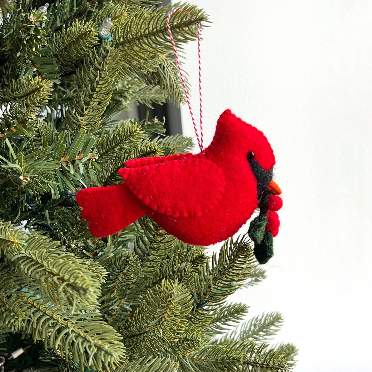 Large Cardinal with Holly Felt Wool Christmas Ornament