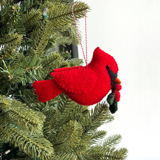 Large Cardinal with Holly Felt Wool Christmas Ornament
