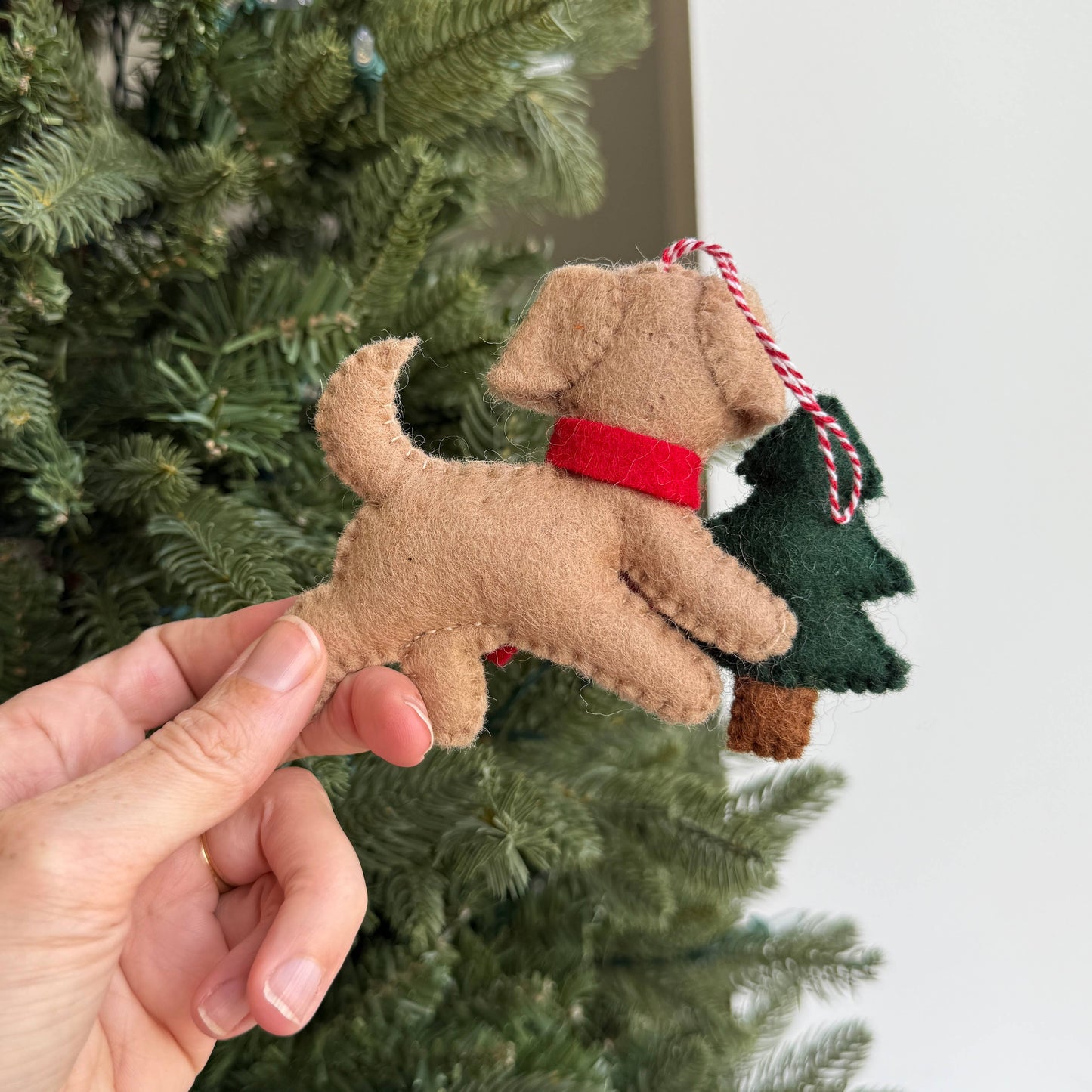 Dog with Tree Felt Wool Christmas Ornament 